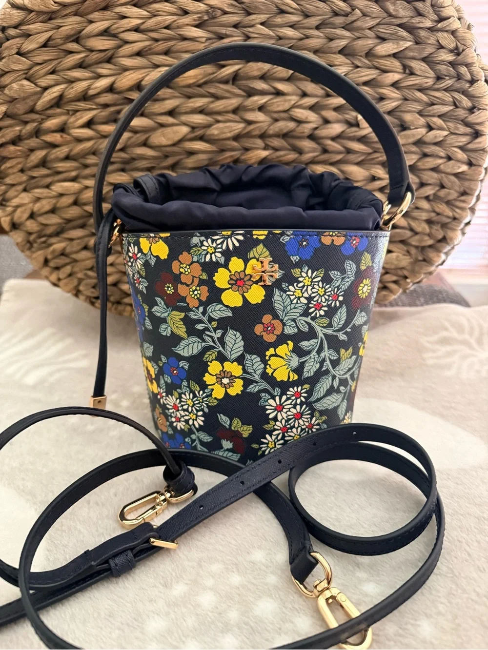 Tory Burch Navy Floral Mini Bucket Bag with Yellow & Blue Blooms